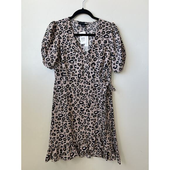 Sanctuary Tan Leopard Print Wrap Mini Dress Size Large Women Short Sleeve V Neck - Picture 1 of 6